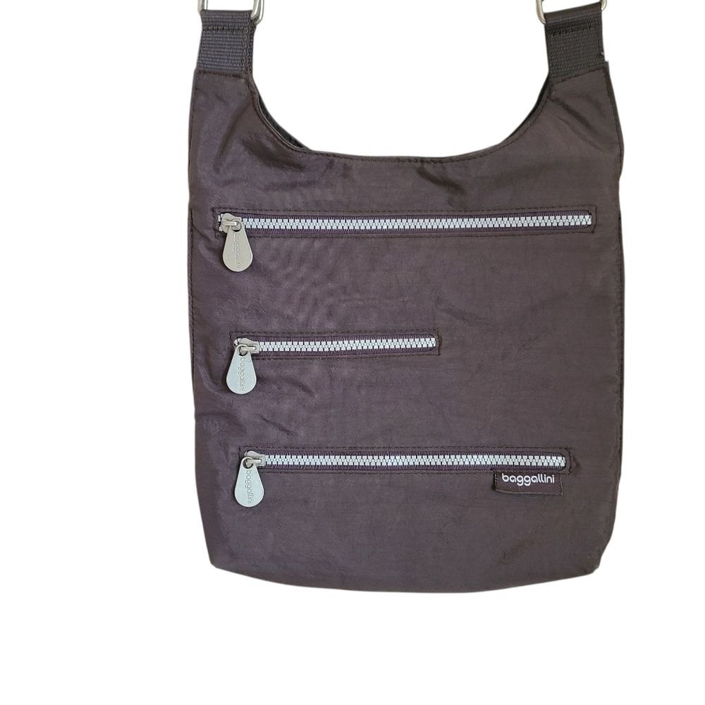 baggallini crossbody travel purse lightweight 3 zipper front dark grey bag